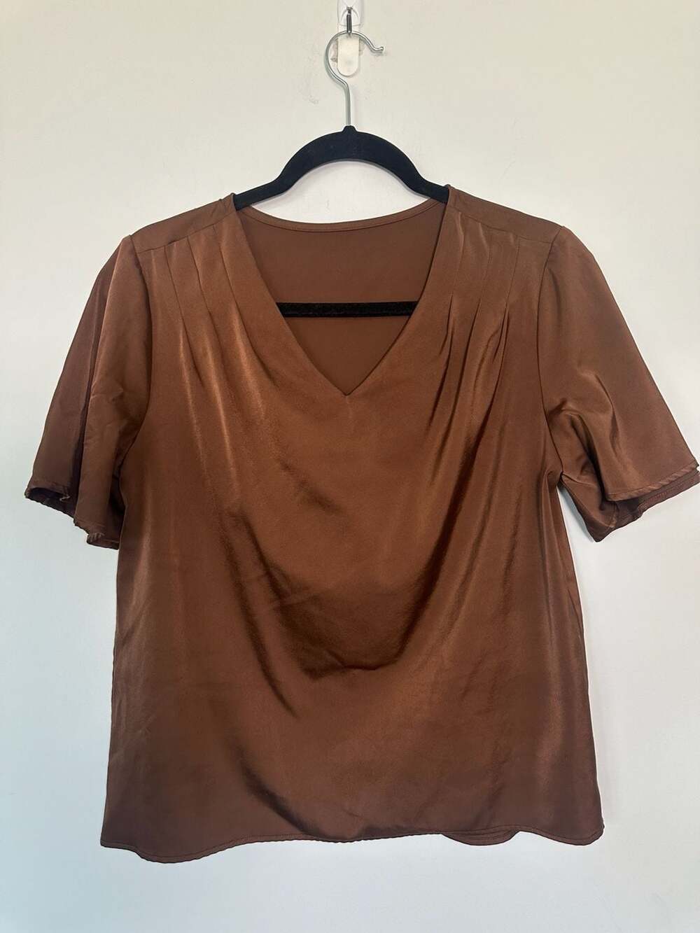 Motf Satin V-Neck Blouse Size S Brown Short Sleeve Top